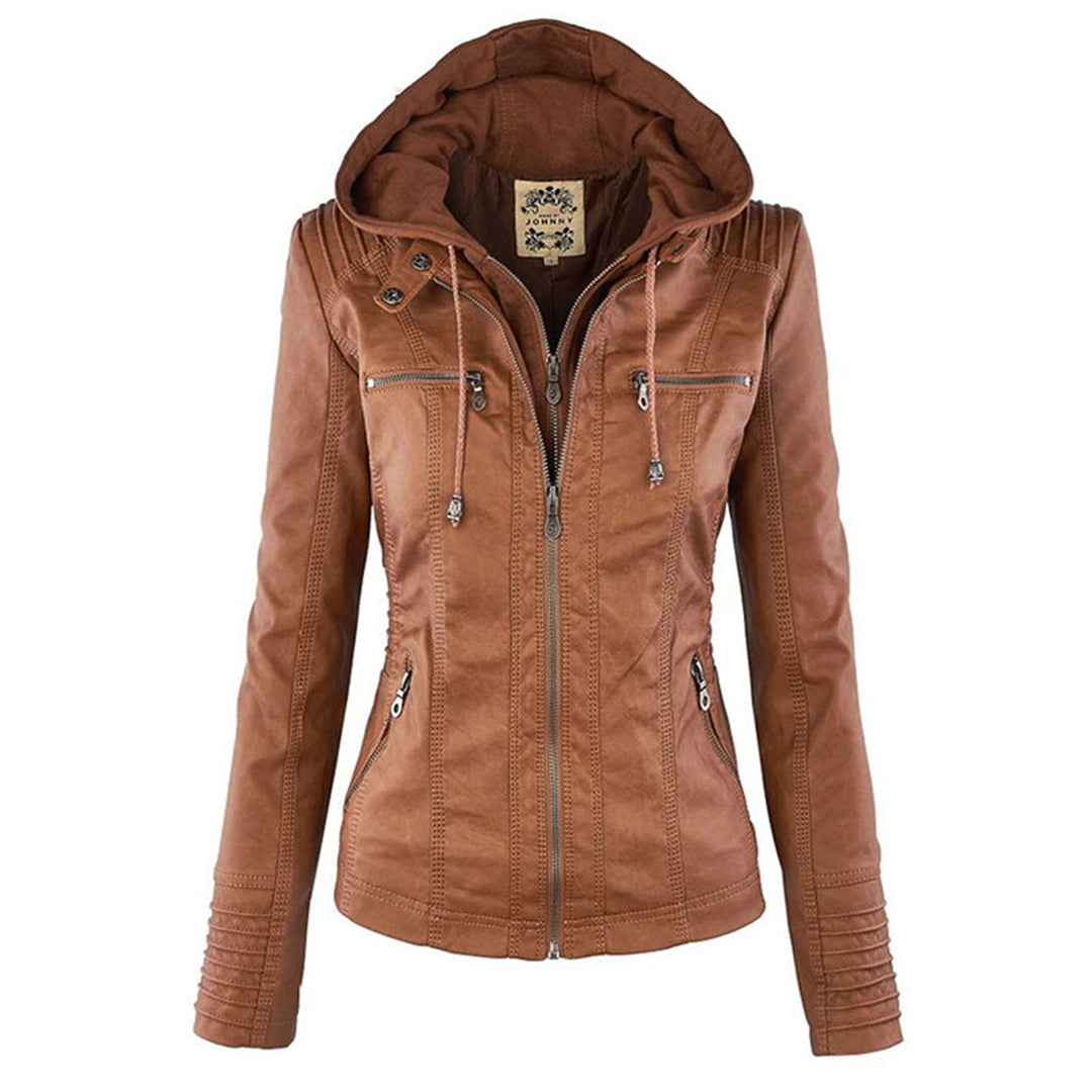 Elina | Wetterfeste Damen Lederjacke mit Abnehmbarer Kapuze