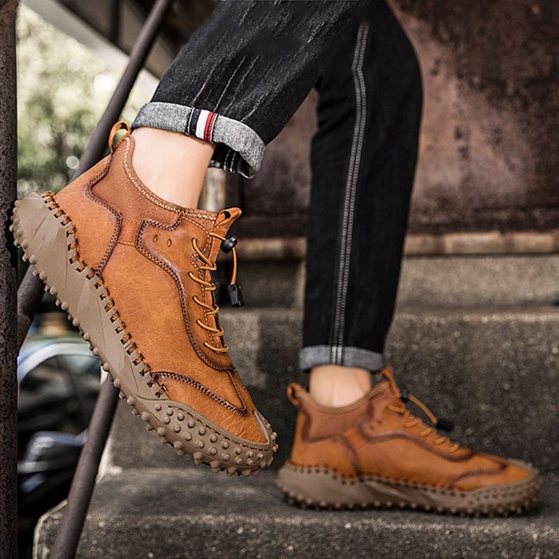 Baskets Décontractées En Cuir Cousues À La Main Pour Hommes